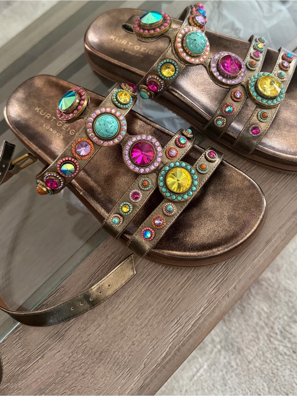 Kurt Geiger Bronze Metallic Jeweled Strappy Sandals - Picture 5 of 6